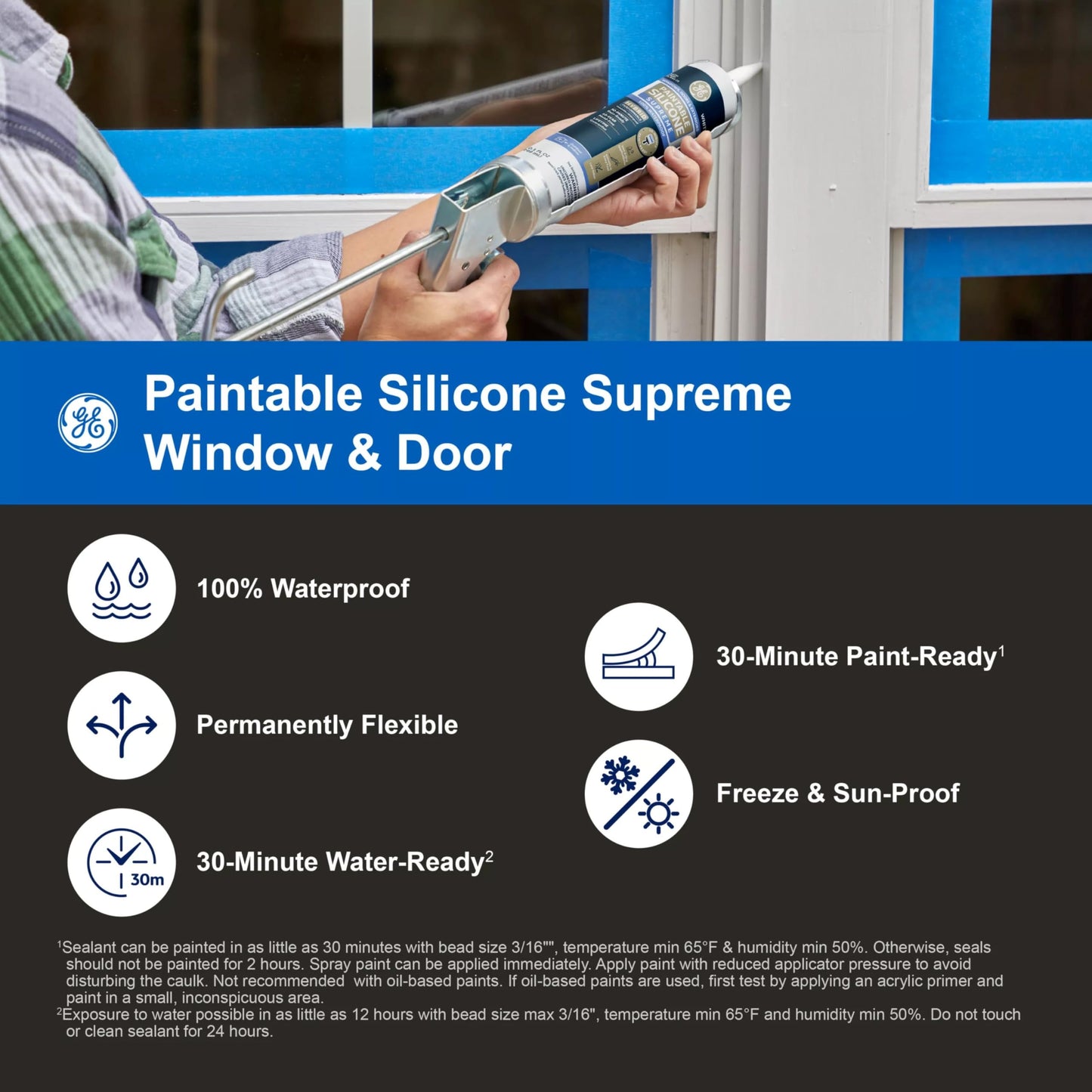 GE Supreme Paintable Silicone Caulk for Window & Door, White, 9.5 fl oz Cartridge, 12 Pack - 100% Waterproof Silicone Sealant, 7X Stronger Adhesion, Freeze & Sun Proof