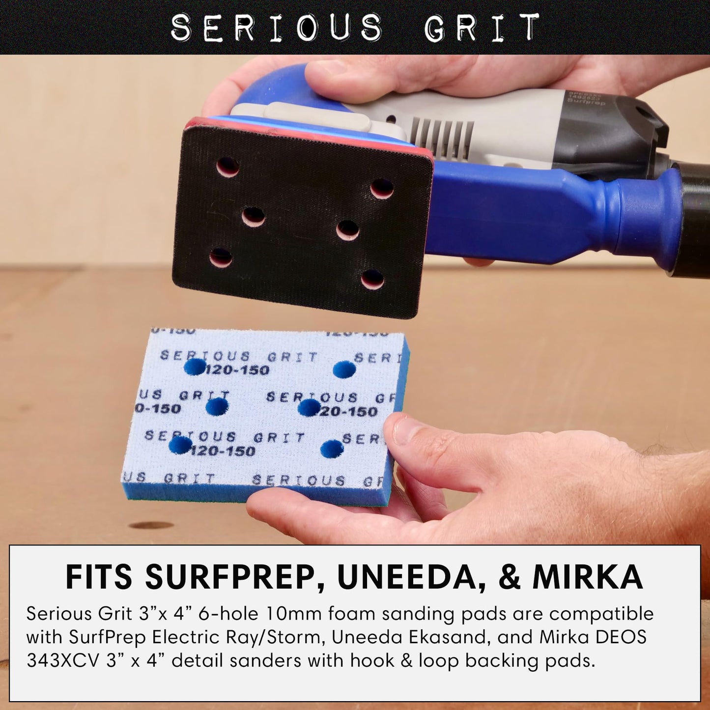 Serious Grit - 3" x 4" Foam Sanding Pads - P450-600 Finish Grit - 10mm Medium Density Foam - Hook & Loop Backing - Fits SurfPrep, Uneeda Ekasand & Mirka 3x4 Sanders – Made in USA – 10 Pack