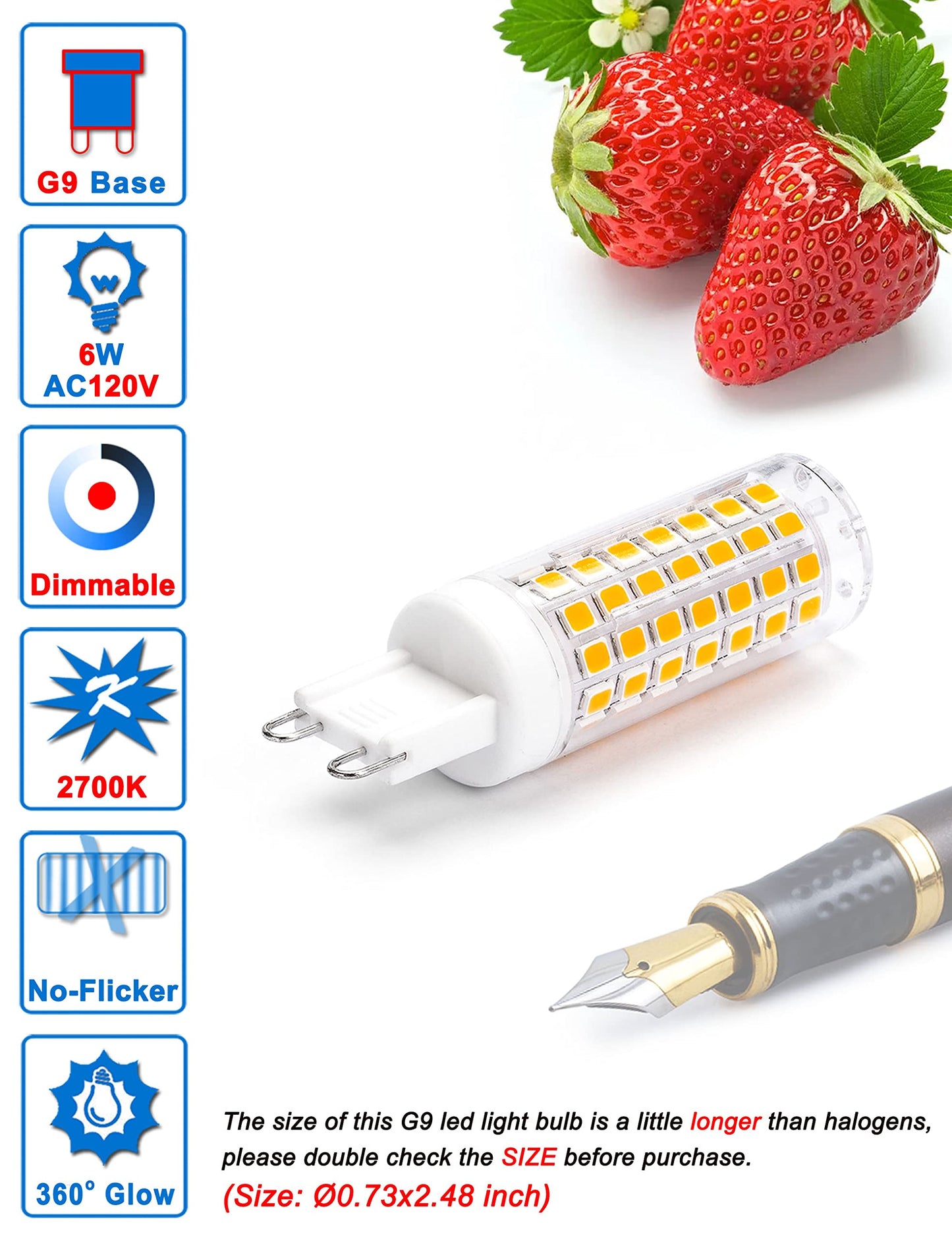 Ziomitus No Flicker G9 Led Bulbs Dimmable 6W Soft Warm White 2700K,40W 50W 60W Halogen Equivalent,AC120V Dimmable G9 T4 LED Bulb for Chandelier Pendant Ceiling Wall Light,600LM,360Deg(5Pack)