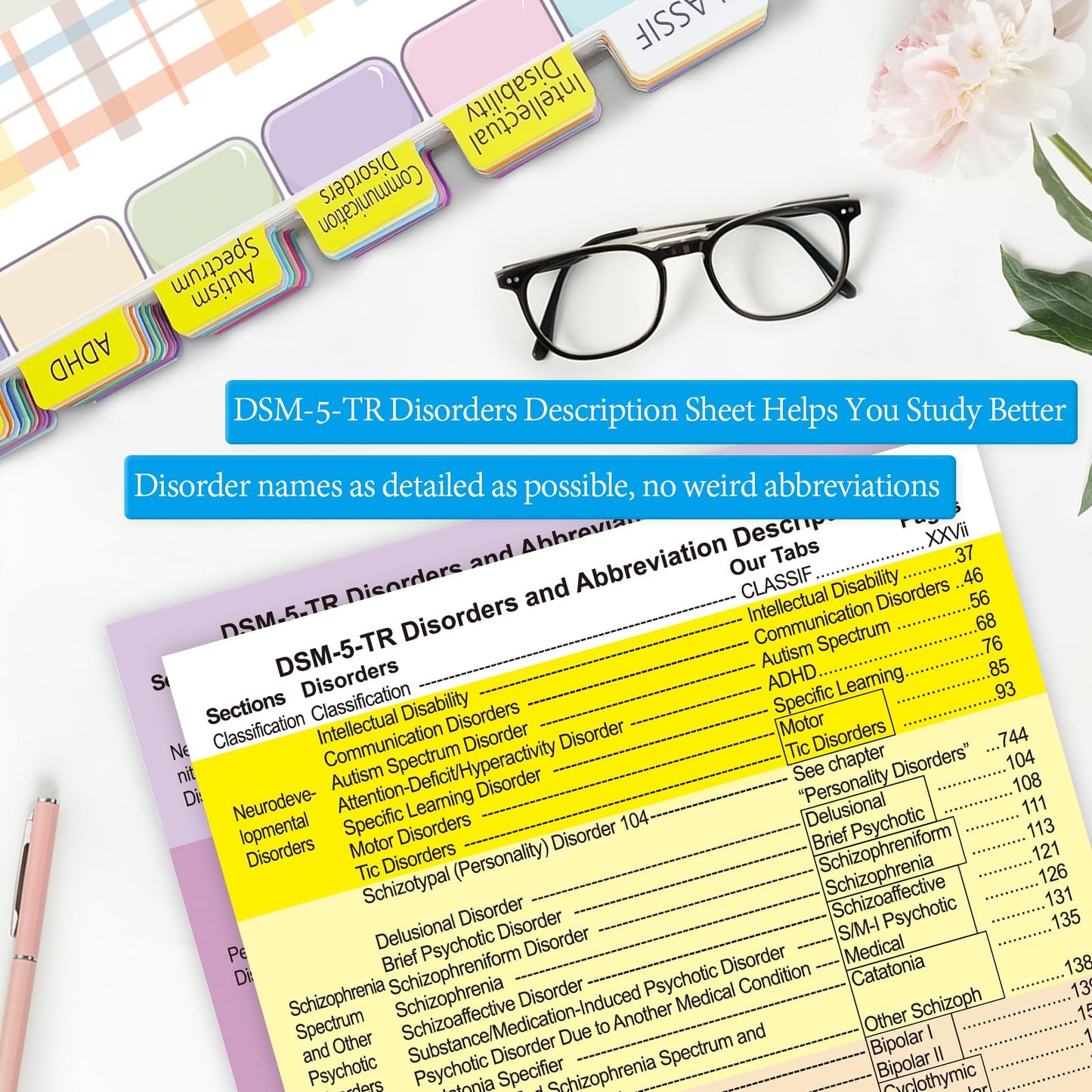 Upgraded Index Tabs for DSM-5-TR 2022, 94 Printed DSM-V-TR Tabs, 100 Tabs in Total, with Alignment Guide & Disorders Description Sheet for The Diagnostic and Statistical Manual of Mental Disorders