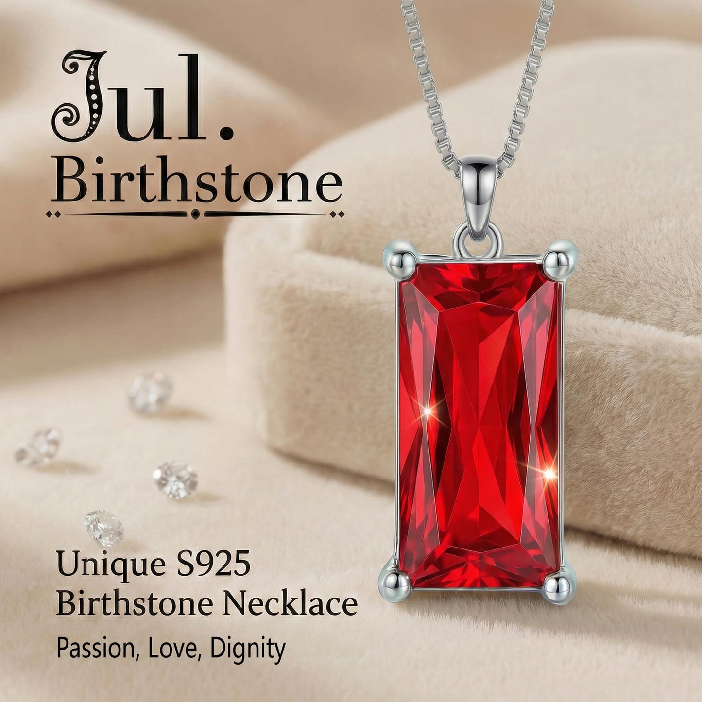 Kuschelkatze 8mm x 16mm Square July Birthstone Ruby Pendant Necklace – Fashion charming Sterling Silver Gift for women