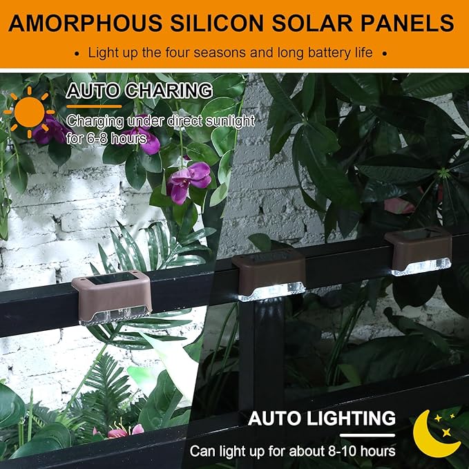 Geelin 32 Pcs Solar Deck Lights Outdoor, Waterproof LED Solar Step Fence Lights for Stairs, Step, Railing, Patio, Driveway, Garden, Pathway and Yard(Brown Shell Cool White Light)
