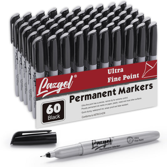 LAZGOL Permanent Markers Bulk, Ultra Fine Point, 60 Pack Black 0.4 mm Permanent Marker set, Felt Tip Pens Works on Plastic, Wood, Stone, Metal and Glass for Doodling, Marking