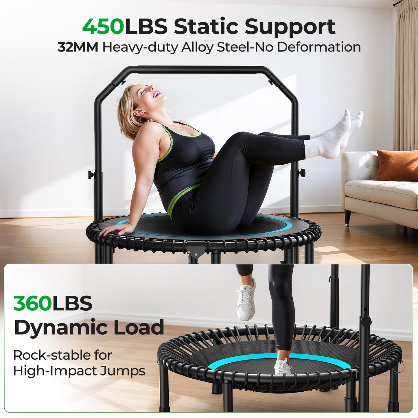 BCAN BT2 450/550LBS Mini Rebounder Trampoline for Adults with Bar, Fitness Trampoline with Bungees, Adjustable Handle, Stable & Quiet, Indoor Outdoor, Whole-Body Workout & Relaxation at Home-40IN-BLU