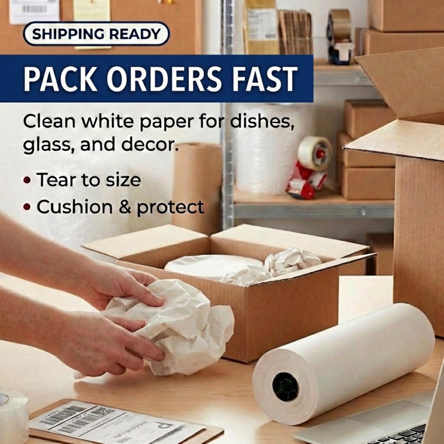 BOX USA Packing Paper Roll 1440'L x 12"W - 1,000 Sheets 17” Long Equivalent - Large White Newsprint for Shipping, Packaging, Storage and Moving Supplies