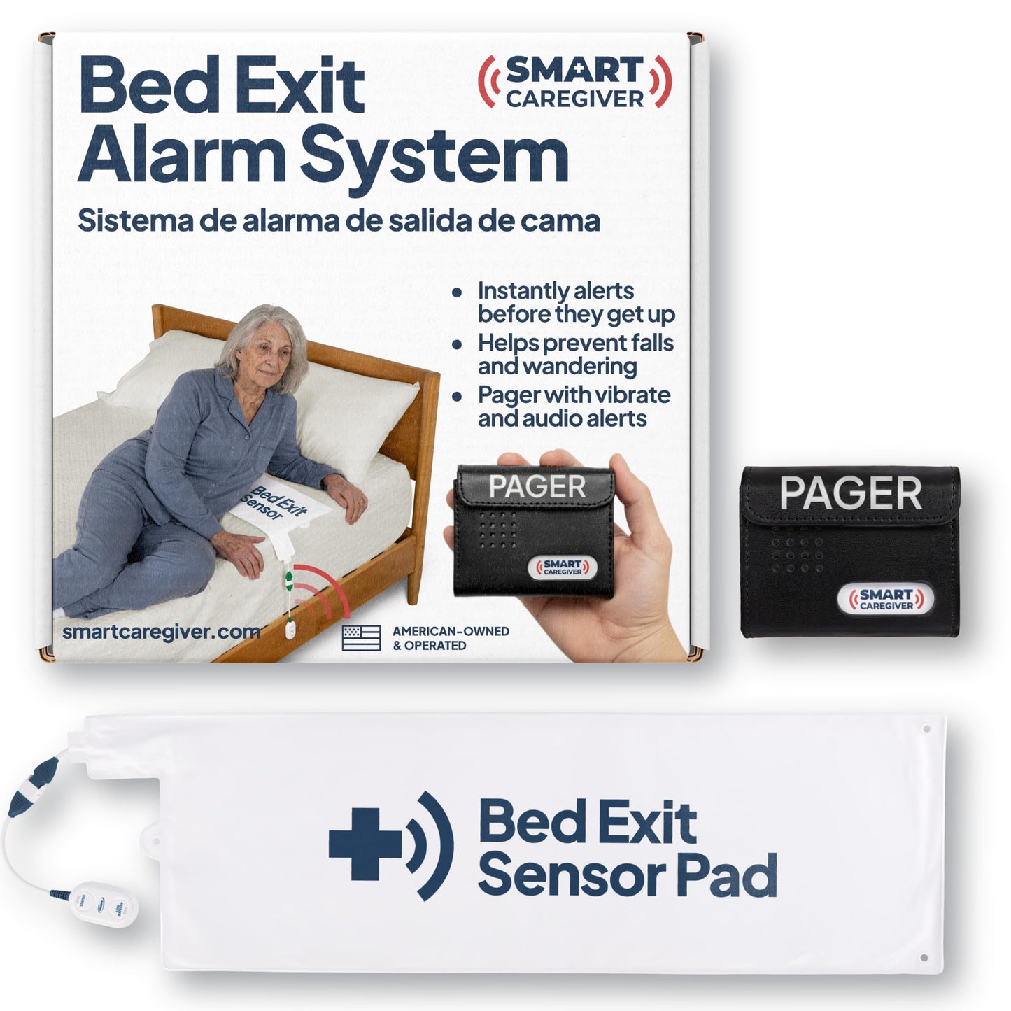 Smart Caregiver Bed Exit Alarm with Wireless Pager - Early Alert Fall Prevention for Seniors and Elderly - Weight Sensing Bed Pad Alerts Caregiver When They Get Up - USA Company and Customer Service