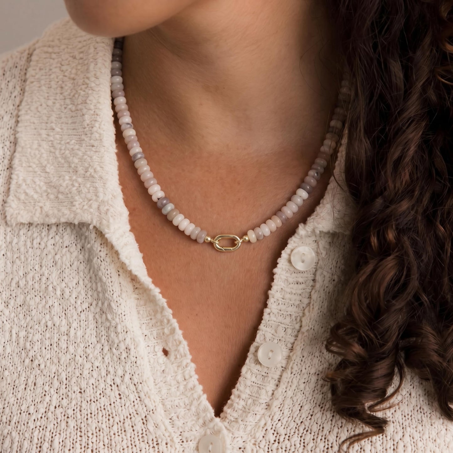 CONRAN KREMIX Light Gray Stone Beaded Necklace for Women,Natural Stone Bead Choker Necklaces Boho Summer Beach Necklace Gemstone Jewelry Gift for Women