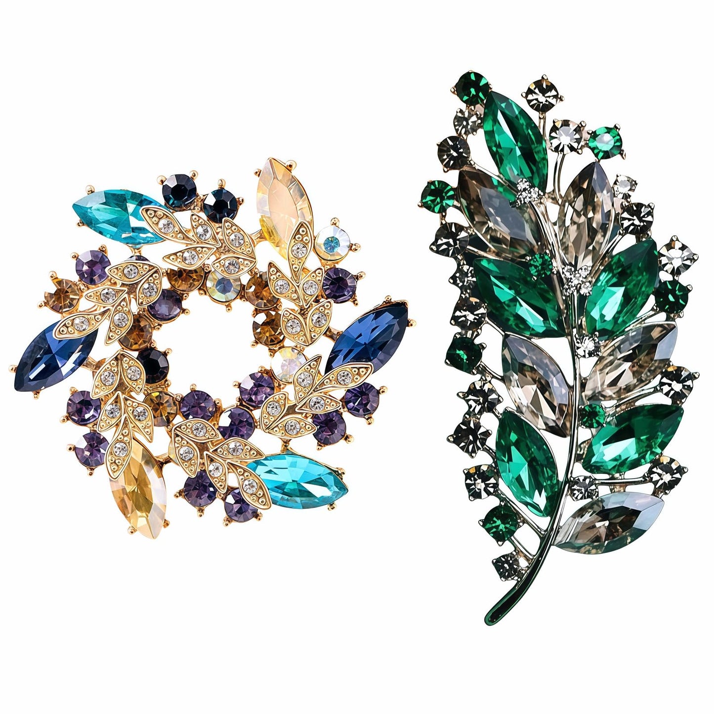 Yaximhozz 2pcs Rhinestone Brooch Pin for Women Dress Elegant Stylish Crystal Brooches Fashion Accessories Pins Lapel Boutonniere Ideas Wedding Christmas Birthday Jewelry Easter Gift (20 Green Leaves/Colorfull)