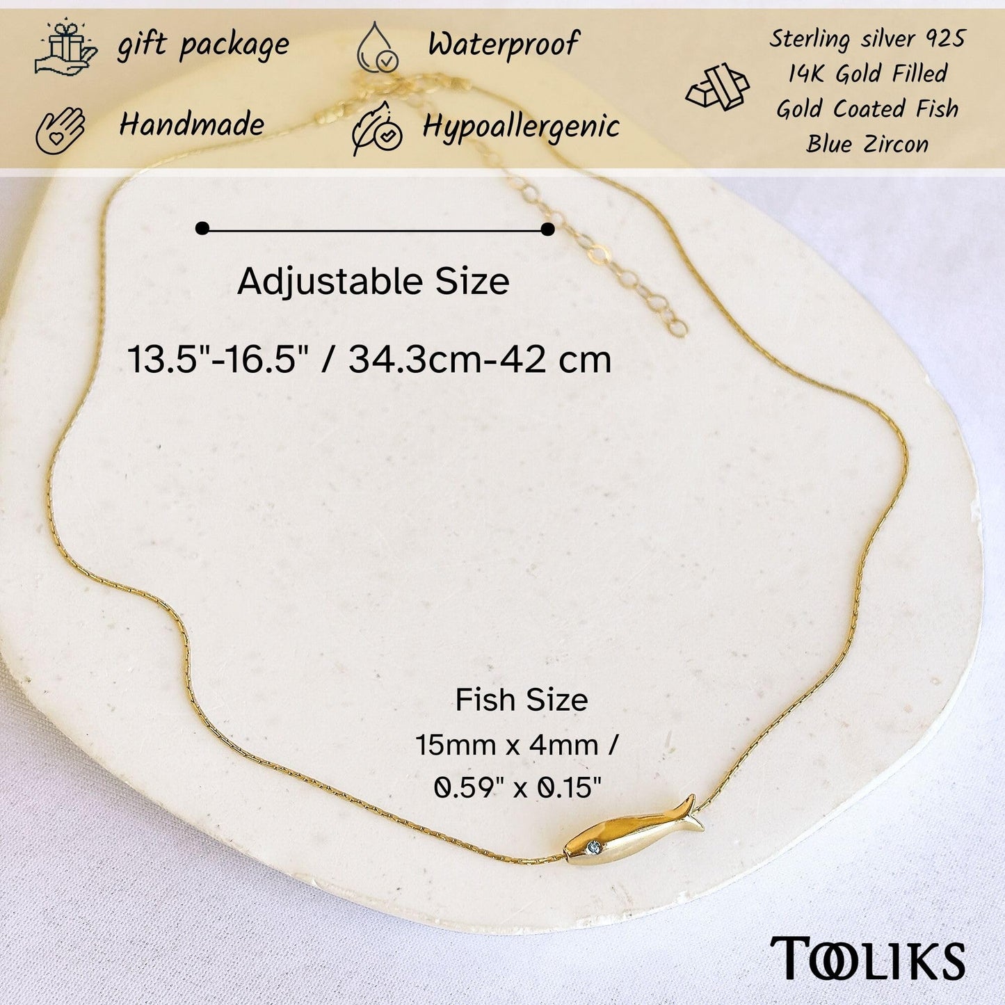 Tooliks Dainty Fish Necklace for Women, Sterling Silver or Gold Fish Charm, Minimal Lucky Necklace (Gold)