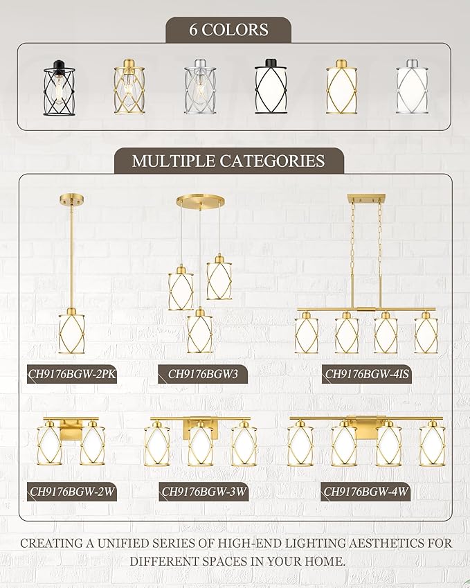 Brushed Gold Pendant Lights Kitchen Island, Modern 2 Pack Pendant Light with Frosted Glass, Farmhouse Mid Century Pendant Lighting for Dining Room, CH9176BGW-2PK