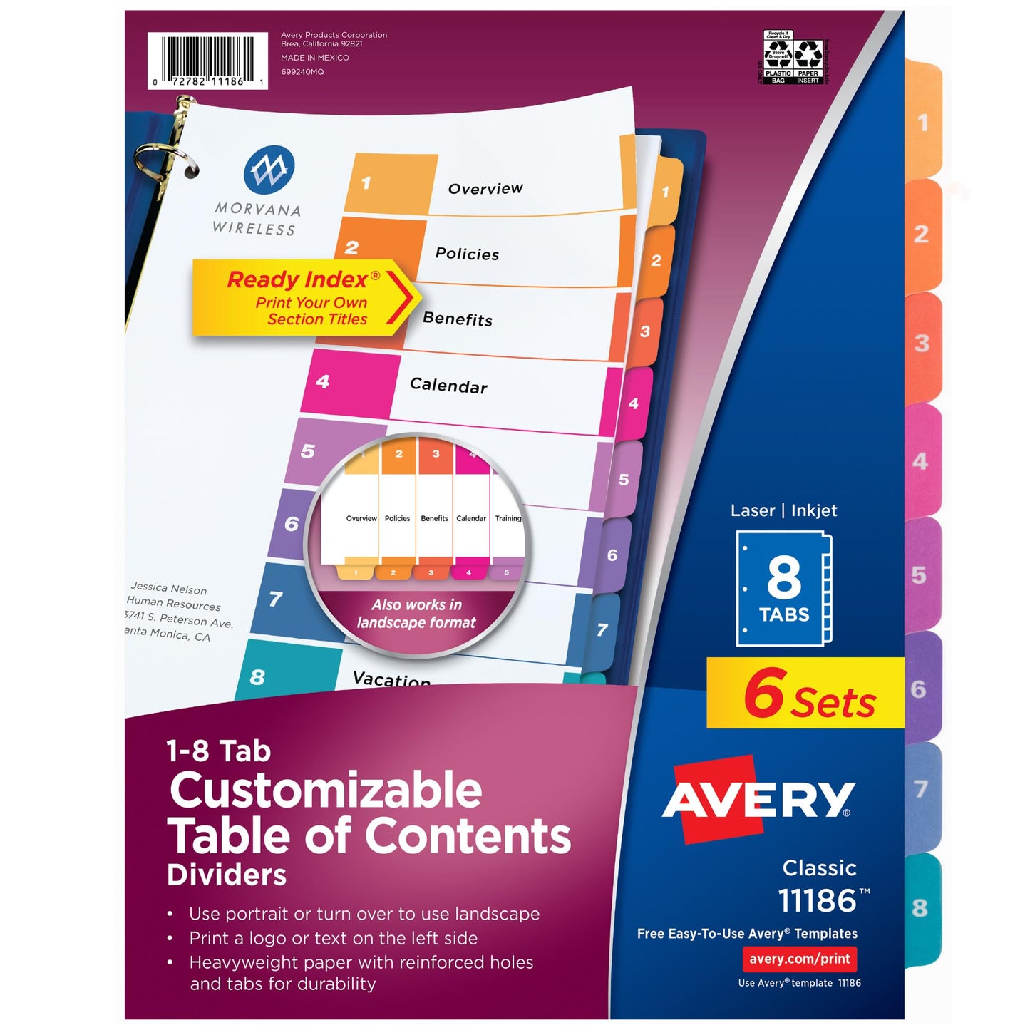 Avery 8 Tab Dividers for 3 Ring Binders, Customizable Table of Contents, Multicolor Tabs, 6 Sets (11186)