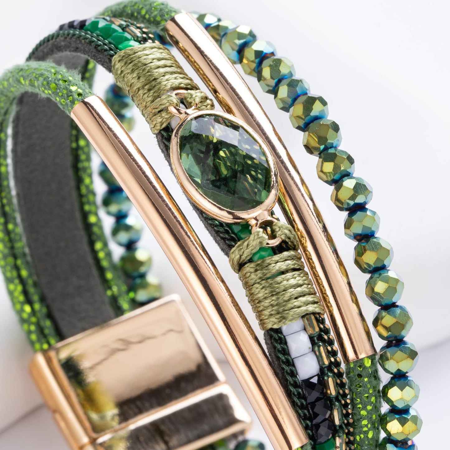 FANCY SHINY Leather Wrap Bracelets Crystal Beads Bracelet Boho Cuff Stone Charm Bracelets with Clasp Costume Jewelry for Women(Dark Green)