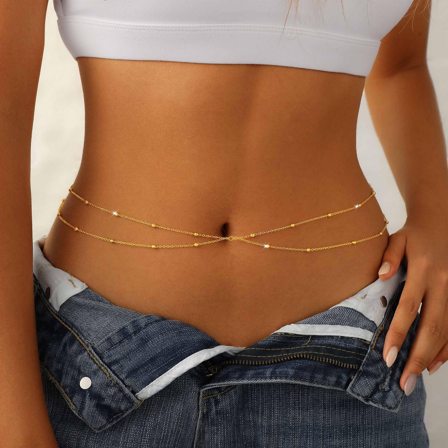 JIKASI 14K Gold Plated Waist Chain for Women Dainty Layered Belly Chain Beaded Body Chain Belt Set Waterproof Summer Beach Bikini Jewelry Accessories Adjustable Waist Beads Gift