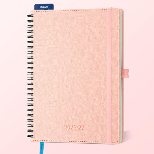 IN-LUXPRO Planner 2026-2027 Daily Weekly and Monthly,8.5"x6.5",18 Months Spiral Bound Calendar Agenda with Self-adhesive Pen Holder,2026 Academic Plan with Vegan Leather Soft CoverPink