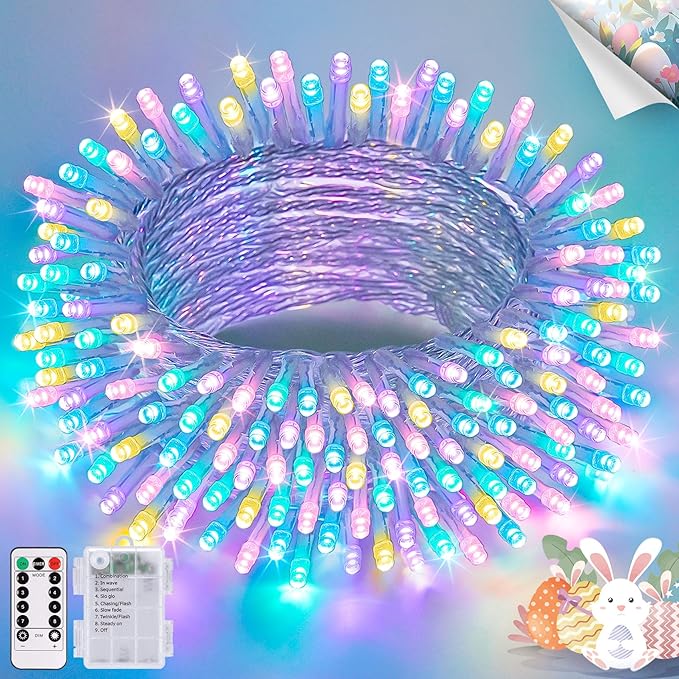 JMEXSUSS 33ft 100 LED Easter Lights Battery Operated, Outdoor Indoor Pastel Lights for Easter, Colorful String Lights for House Porch Yard Garden Tree Decor