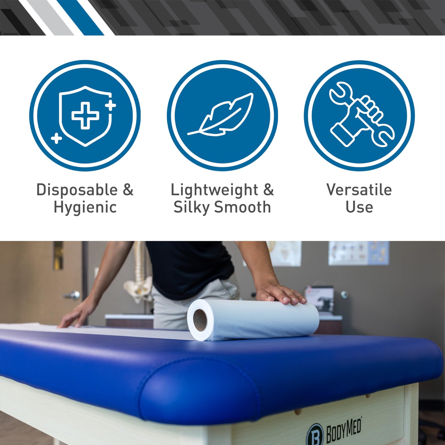 BodyMed Standard Headrest Paper Rolls for Chiropractic Exam Table, Smooth White, 8.5-Inch x 225-Feet, 50 Count – Disposable Exam Table Cover for Medical Office, Chiropractor, Spa Use