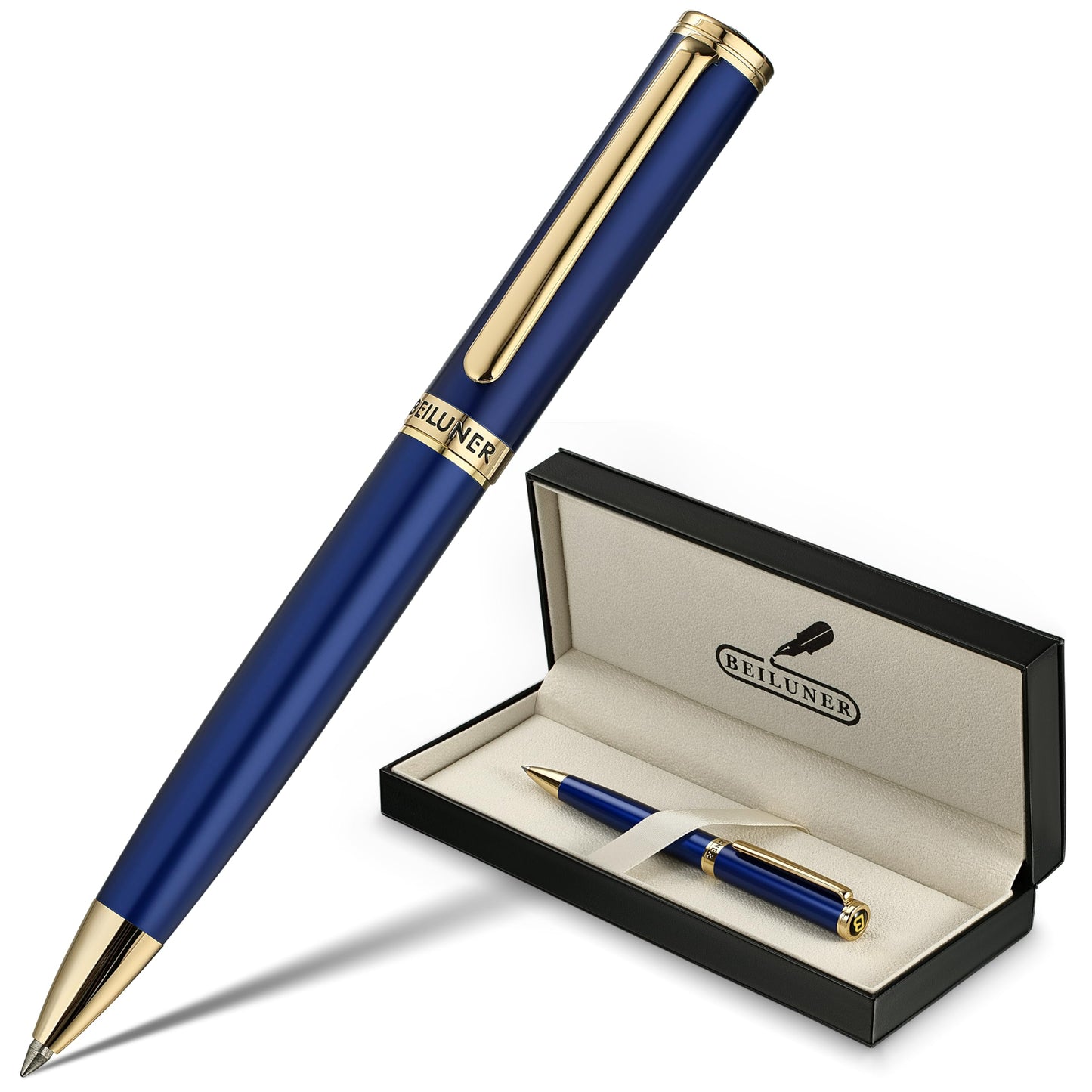 BEILUNER Blue Lacquer Gel Pen - Stunning Luxury Pen with 24K Gold Finish, ADMOK Black Refill, Executive Gift Set for Family & Friends, Writing, Fancy, Office, Retractable Pens