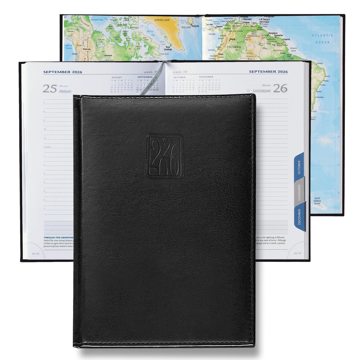 Leather Executive Daily Planner 2026 – A5-Compatible (8.3 x 5.9 in), One Page per Day Hourly Business Agenda, 416 Pages, Monthly Tabs, Hardcover – Made in Italy (BLACK 2026)