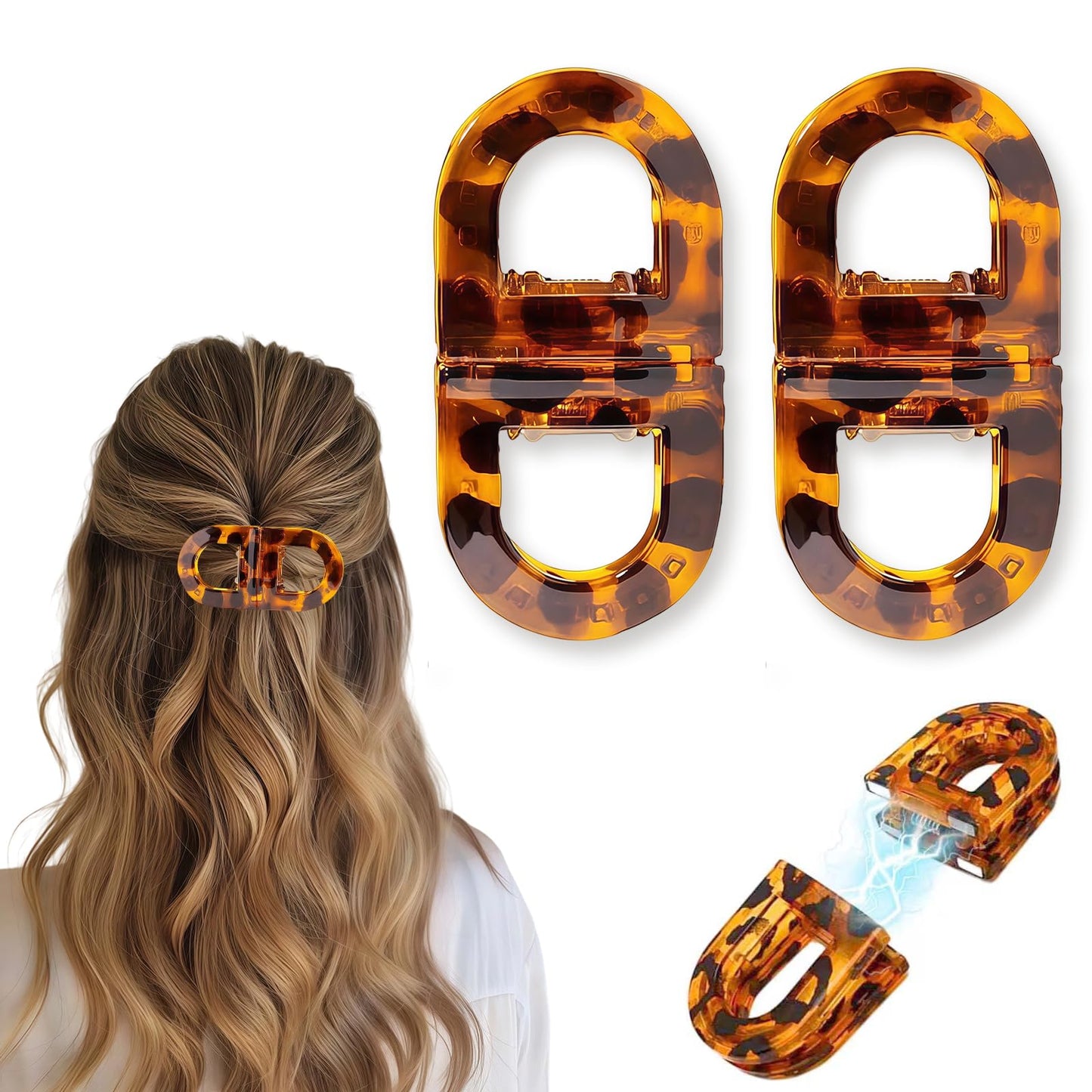 2PCS Magnetic Brown Hair Clips for Women, Brown Leopard Print Strong Hold Non Slip Claw Clips, Seamless 2-in-1 Quick Snap Design, Creaseless Non-Dent Hair Styling Tools Claw Clips for Women