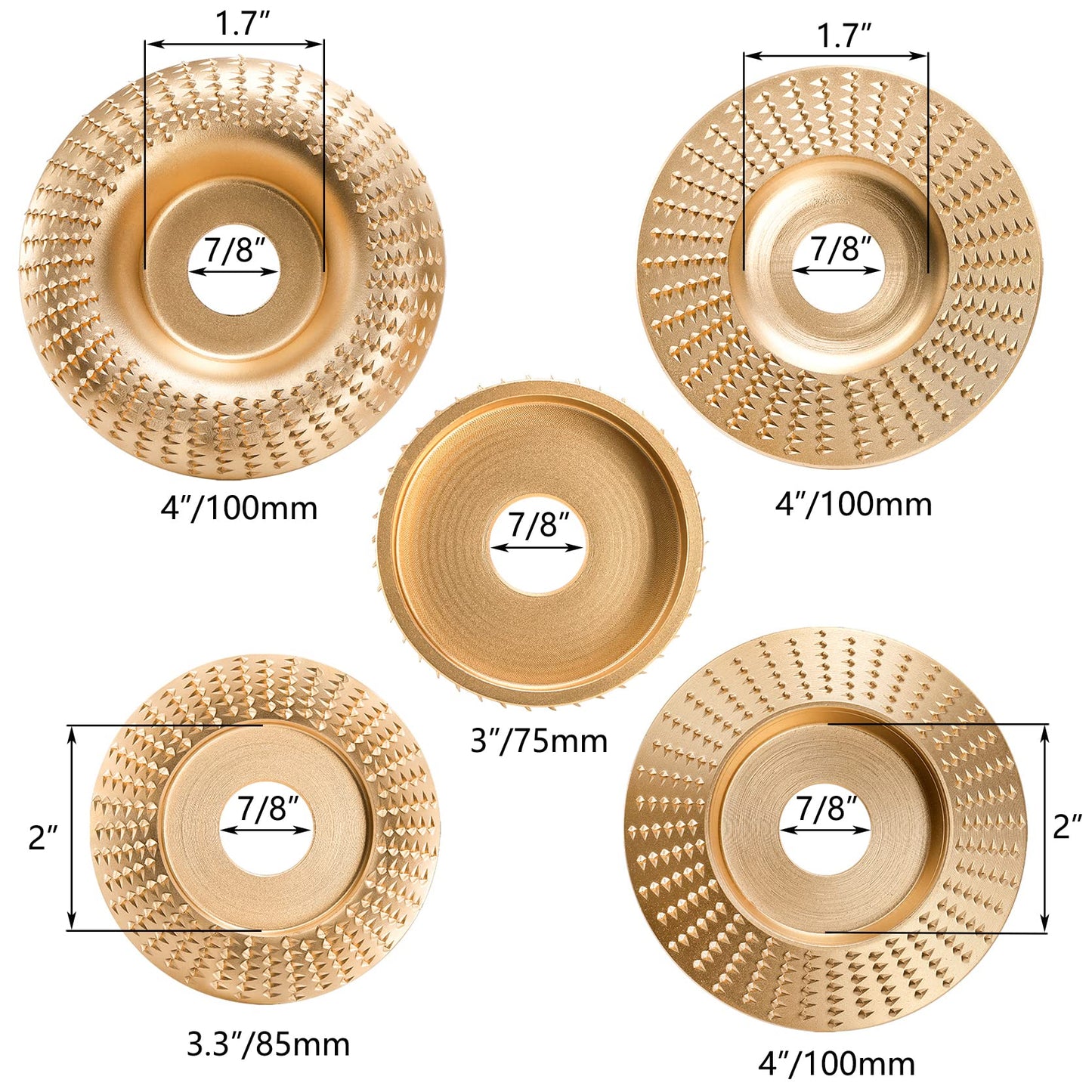 Hedume Set of 5 Wood Carving Disc for 4" or 4 1/2" Angle Grinder with 7/8" Arbor, Grinding Wheel Shaping Disc for Wood Cutting, Grinding Shaping Sculpting Disc for Wood