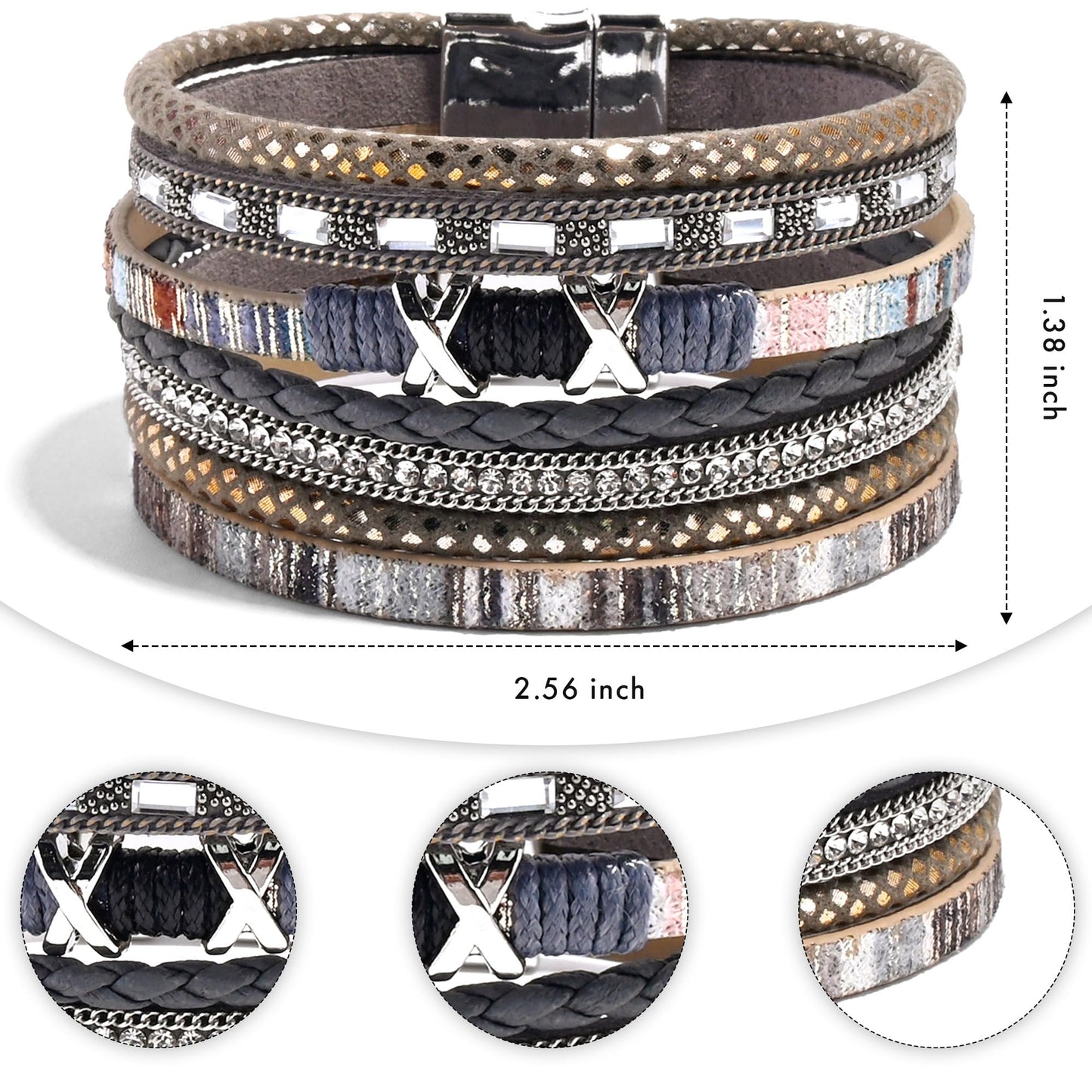 VIBILIA Boho Leather Wrap Bracelets for Women Trendy Layered Multi-Layer Boho Bracelets with Strong Clasp Jewelry for Women-Gray