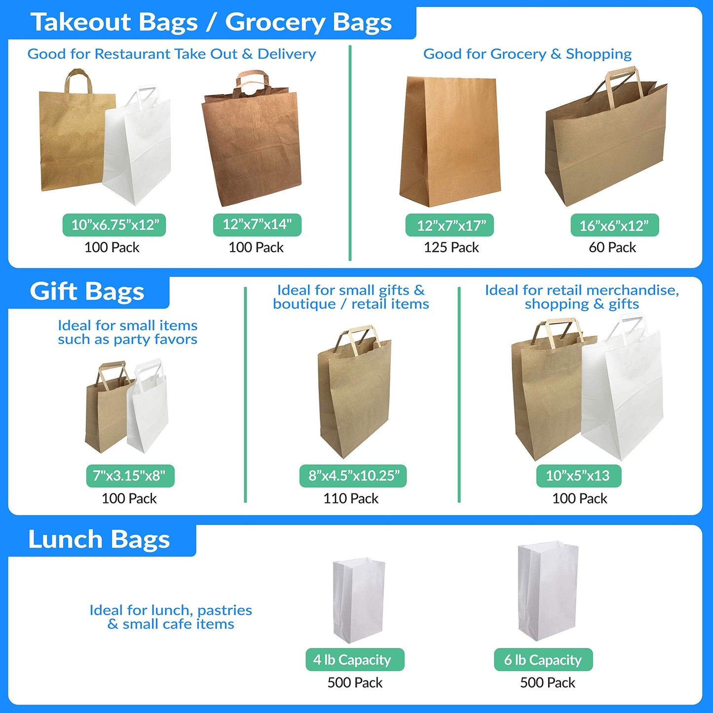 Reli. Paper Grocery Bags w/Handles (100 Pcs, Bulk)(12"x7"x14") Large Paper Grocery Bags with Handles - Heavy Duty 57 Lbs Basis - Shopping, Takeout/To Go, Retail (Brown/Kraft)