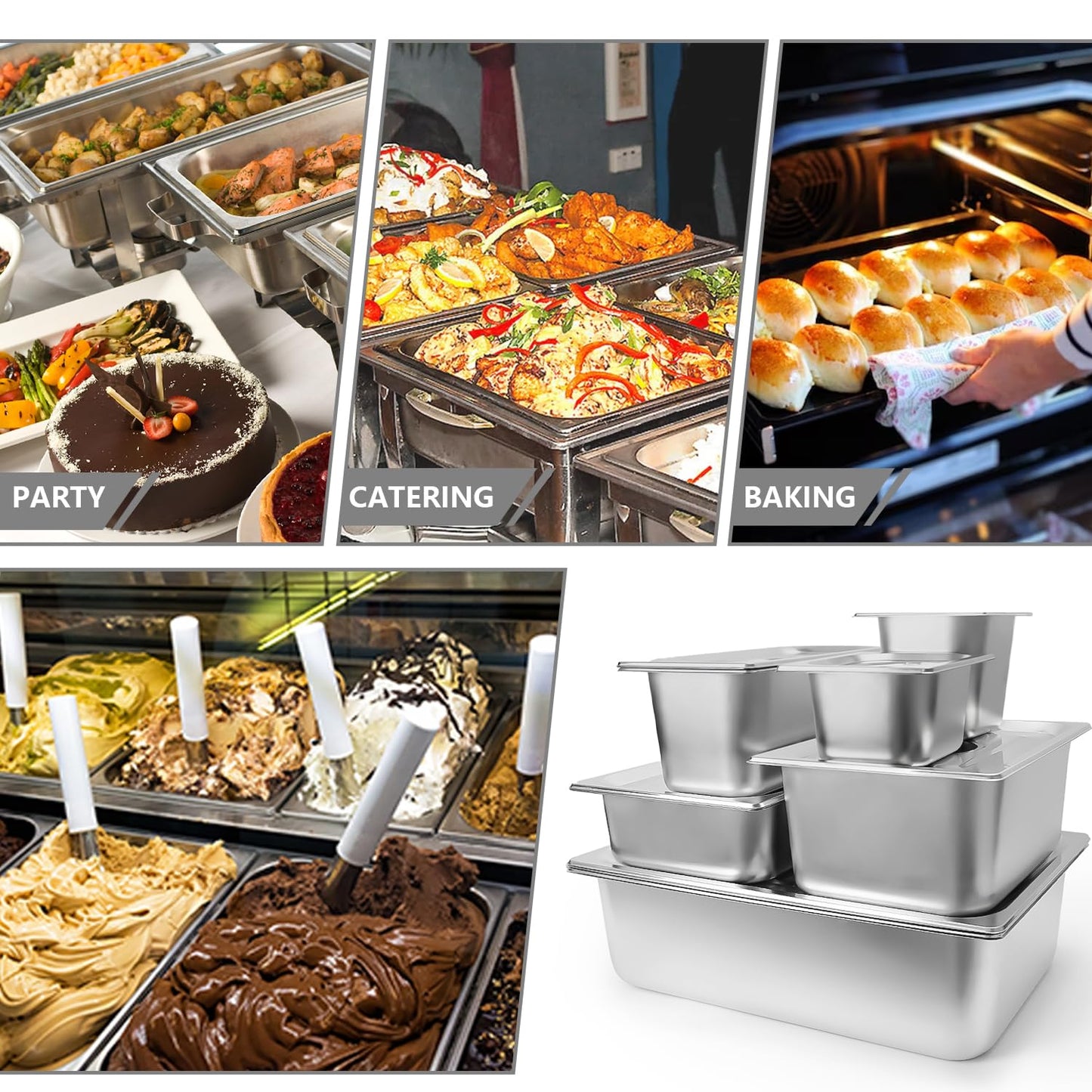 TSUBOR 6 Set Stainless Steel Hotel Pans 1/6 Size 4 Inch Deep With Lids, Anti-Jam Chafing Steam Table Pans, Catering Food Storage Metal Pan