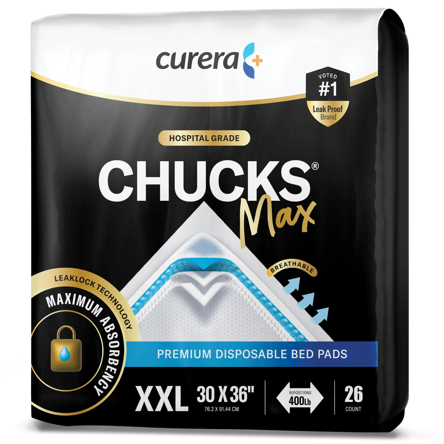 Chucks® MAX Hospital Bed Pads Disposable Adult 30 x 36 Breathable Incontinence Pads - XX-Large Pee Pads for Adults - Heavy Duty 10X Absorbency Underpads - 400 Lbs. Patient Repositioning [26 Count]