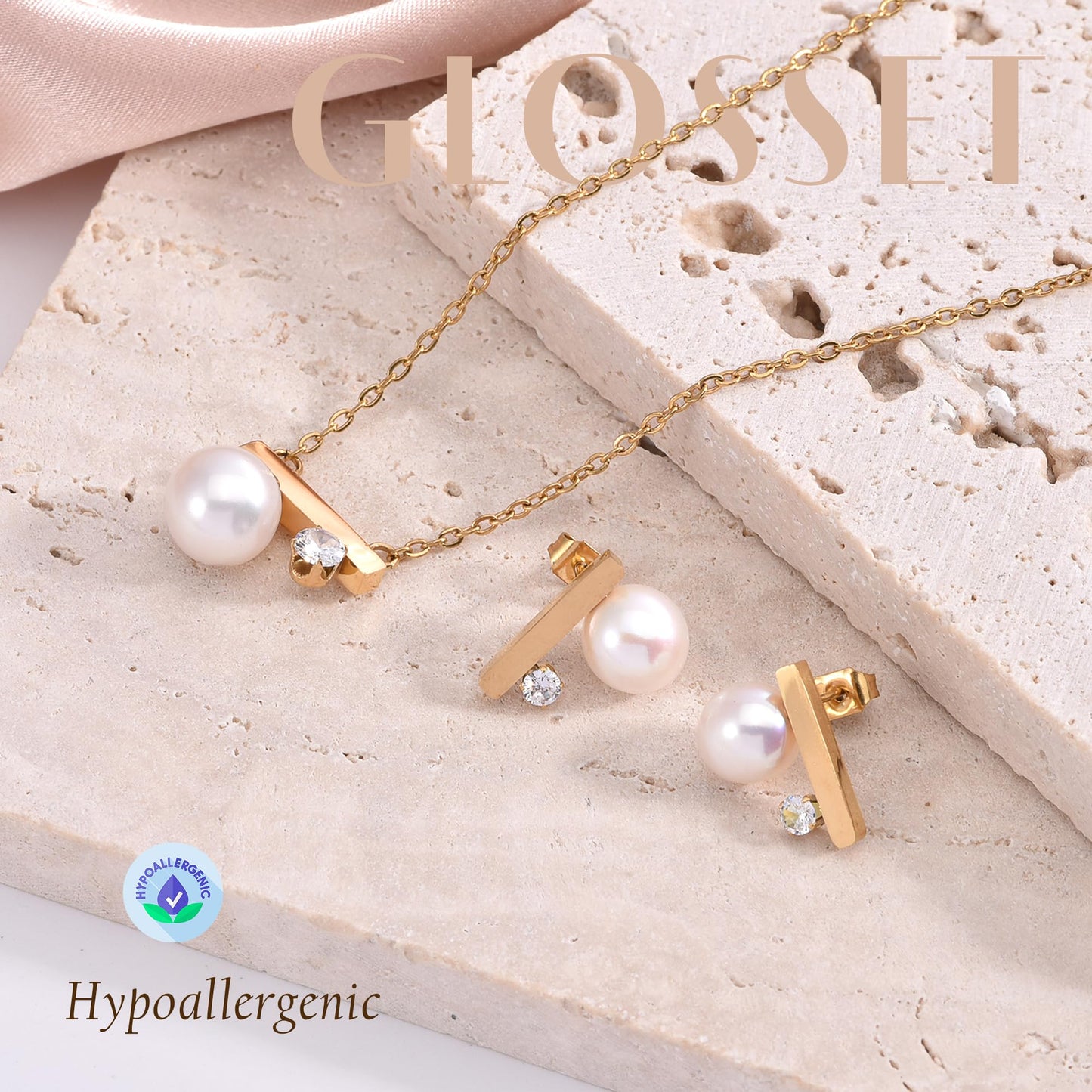 GLOSSET Gold Pearl Necklace and Earring Set, 18K Gold Plated Earrings and Necklace Set for Women, Dainty Freshwater Pearl and Cubic Zirconia Set Jewelry for Women Gift (Gold - Balance Bar)