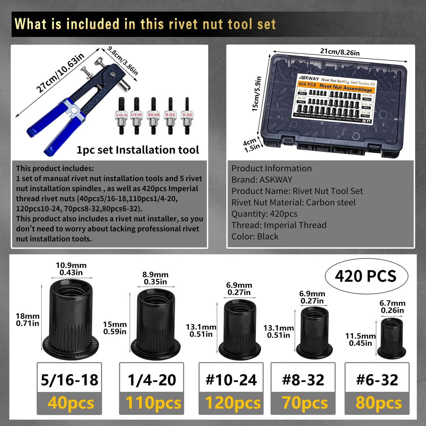 SAE Rivet Nut Tool 420pcs Imperial Carbon Steel Rivet Nut Tool Kit, （5/16-18、1/4-20、10-24、8-32、6-32）, Suitable for Furnitur, Automotive, Marine and Industrial Applications (SAE Carbon Steel Black)