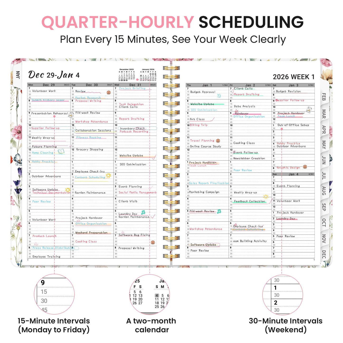 2026 Appointment Book Planner, Quarter-Hourly, Weekly & Monthly Appointment Planner (January 2026 - December 2026), 8.5"x11" Schedule Book with Flexible Cover & Tabs, Perfect for Office School Supplies - Wildflowers