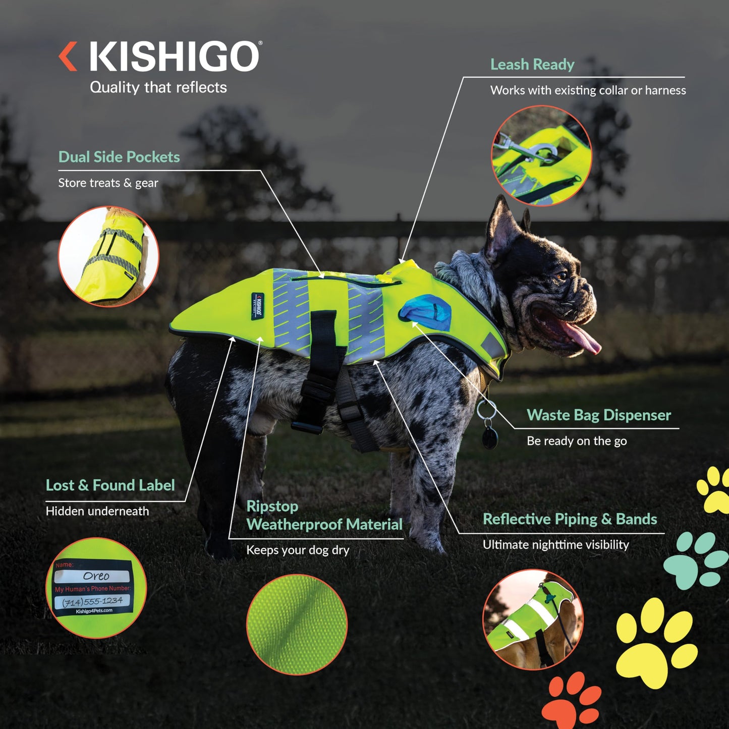 Reflective Dog Safety Vest, Harness and Collar Compatible, Waste Bag Holder, Water Resistant, Adjustable Neck and Chest, Day or Night Walking, High-Visibility Protection (Lime, L)