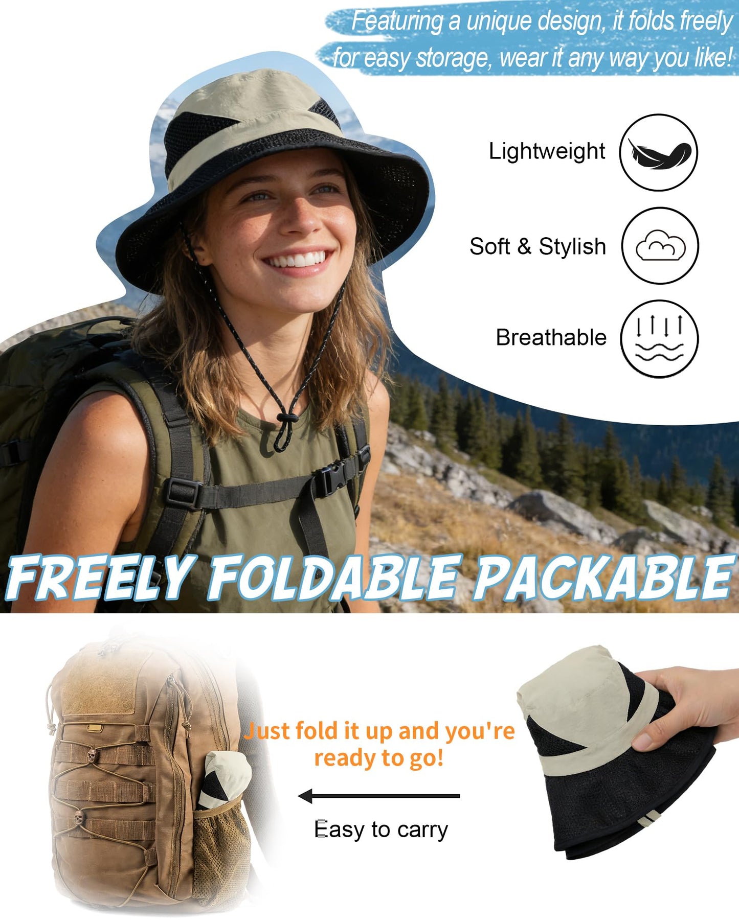 SENWAI Women's Sun Hat with Ponytail Hole, Breathable Foldable Summer Hat with Shapeable Brim for Hiking Beach Gardening, Beige