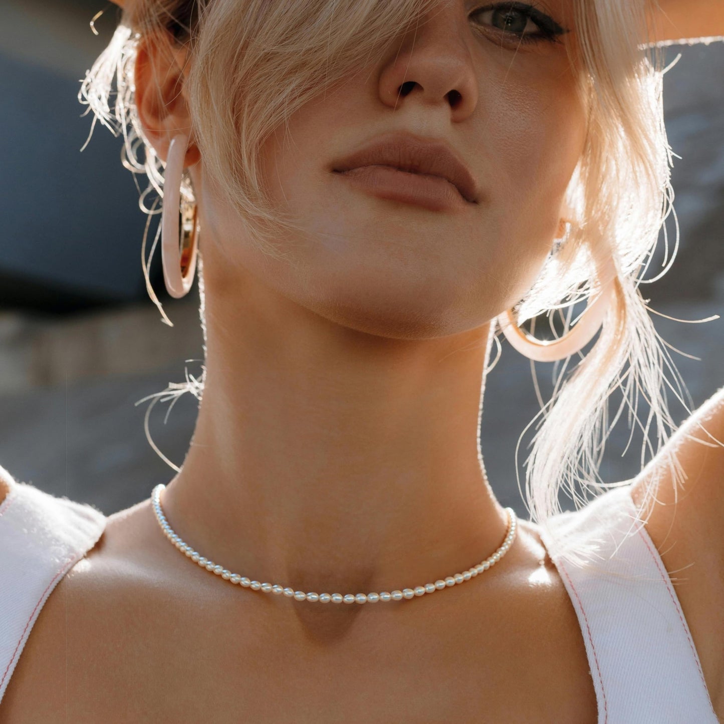 Pearls Necklace, Freshwater Tiny Small Rice Pearls Necklace for Women's Pearl Strand Necklace Chain 18K Gold Plated Hypoallergenic White Necklace as Prom Bridesmaid Birthday Gifts(Rice, 18KGP Lock)