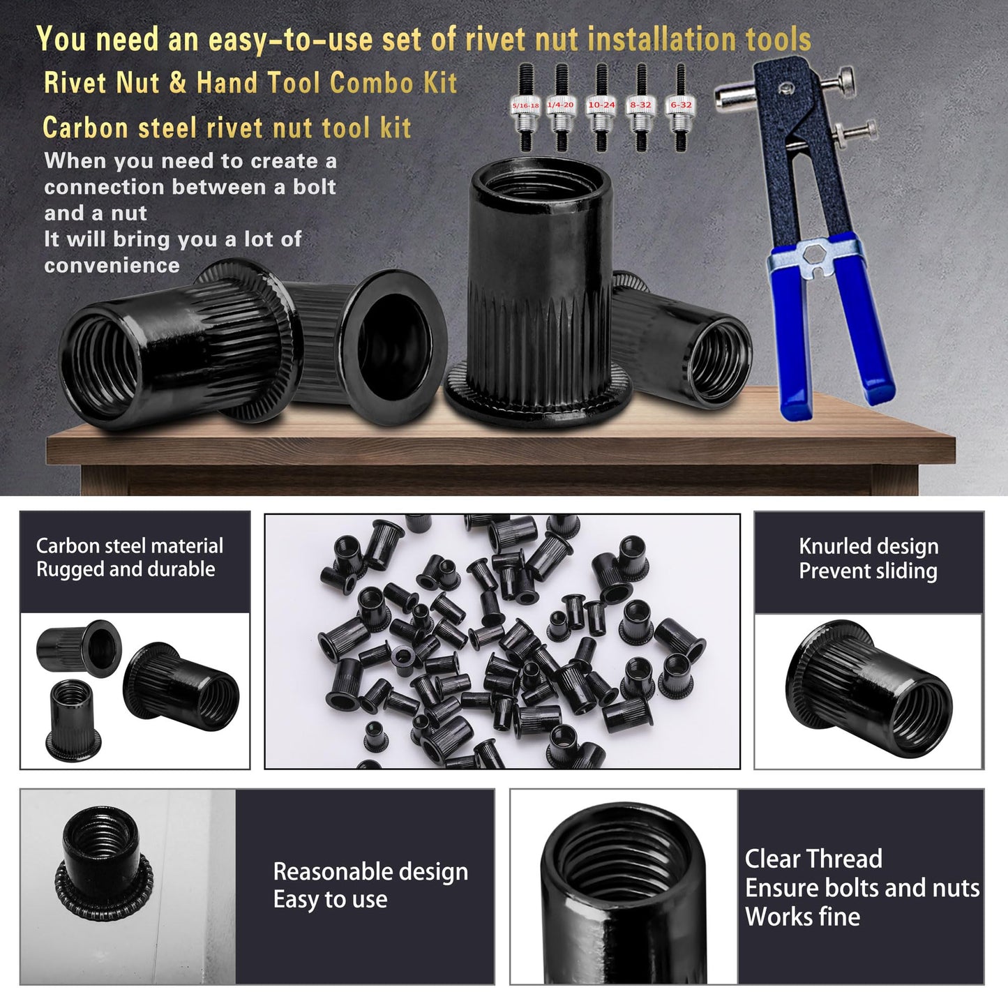 SAE Rivet Nut Tool 420pcs Imperial Carbon Steel Rivet Nut Tool Kit, （5/16-18、1/4-20、10-24、8-32、6-32）, Suitable for Furnitur, Automotive, Marine and Industrial Applications (SAE Carbon Steel Black)