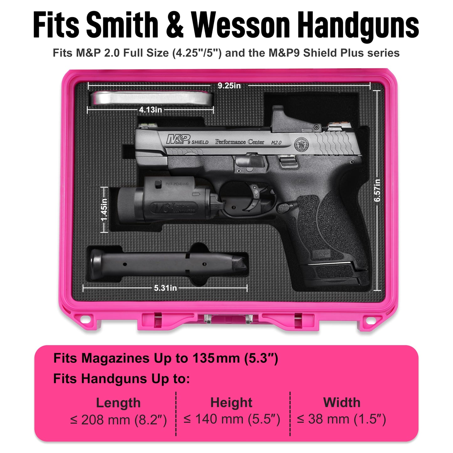 Kinghardcase TSA Approved Pistol Case for Smith & Wesson – Lockable Hard Handgun Case for Travel & Home Storage – Fits M&P 2.0 Full Size & M&P9 Shield Plus with Optic & Tactical Light (Pink)