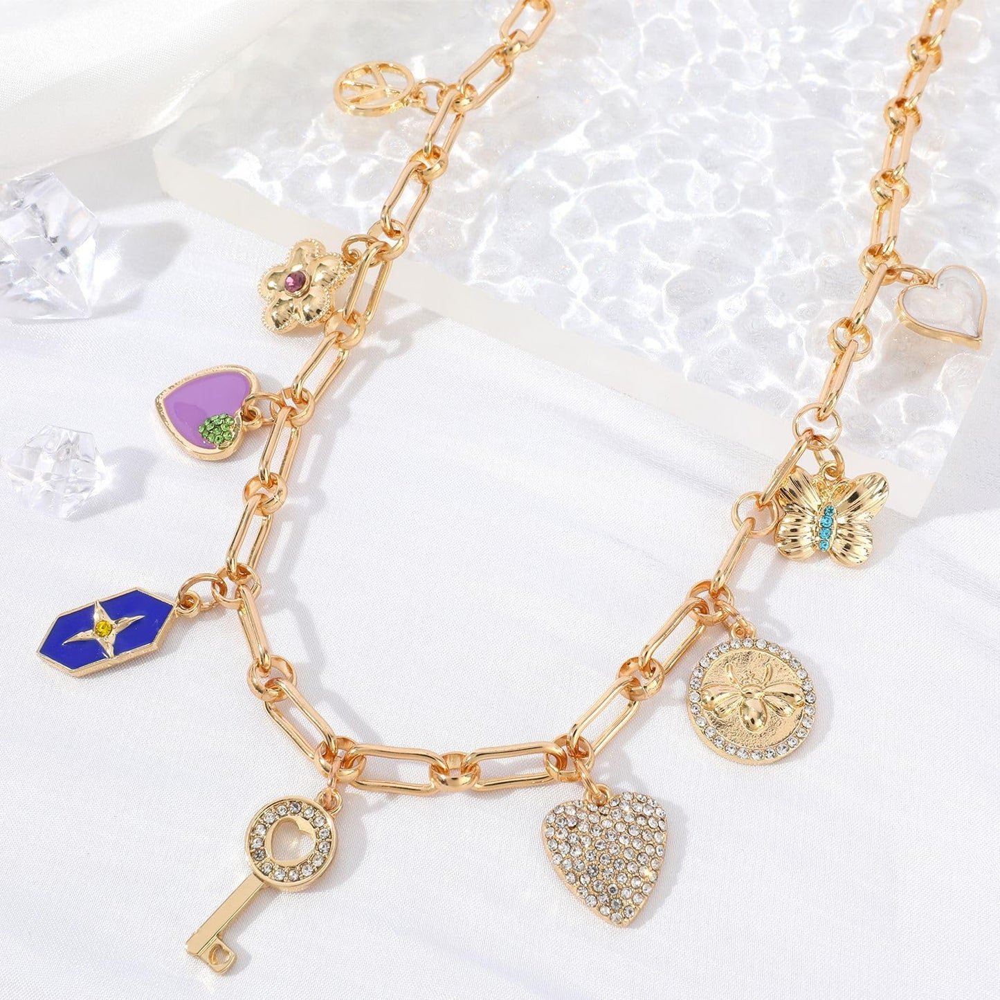 BONJOULRY Charm Necklace for Women Gold Cute Love Heart Key Peace Cross Flower Butterfly Coin Pendant Necklace Dainty Paperclip Chain Charms Choker Necklace Y2K Preppy Jewelry Key