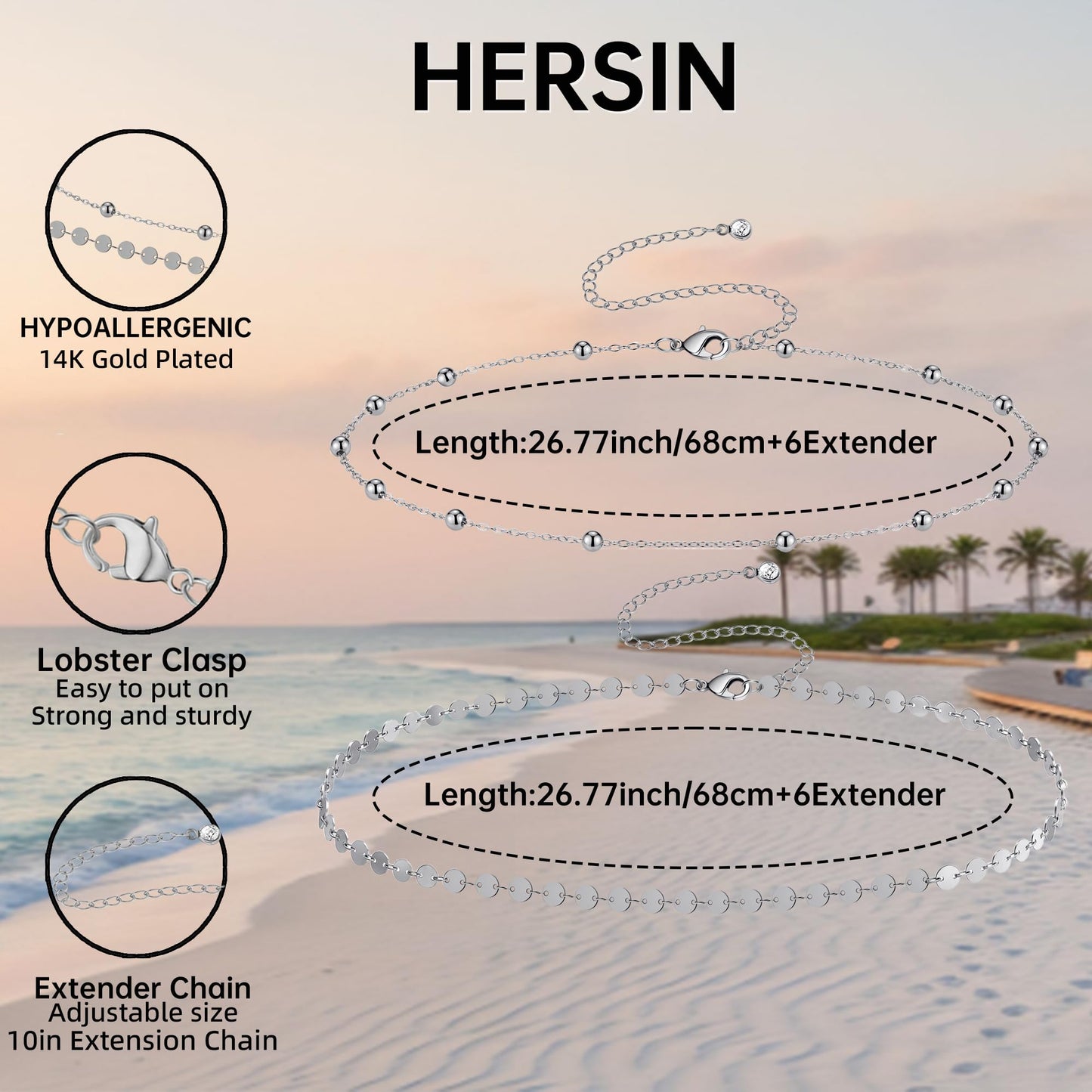 HERSIN Waist Beads for Women, Dainty Silver Plated Waist Chain Gold Chain Belt Simple Body Chain Jewelry for Womens Belly Chain Waterproof Silver Jewelry Accessories for Women Gifts Rave Outfits