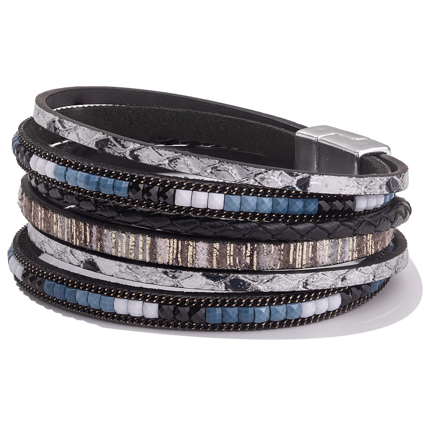 FANCY SHINY Boho Leather Wrap Bracelets Trendy Layered Bracelets with Magnetic Clasp Strackable Bohemian Cuff Jewelry Gifts for Women(Black)