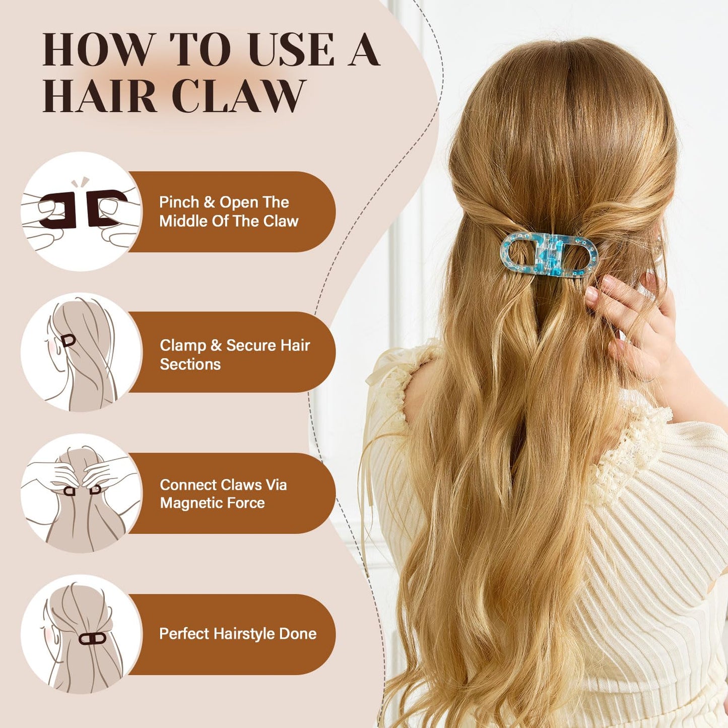 RCZETC Magnetic Hair Clips 2-Pack | Hair Clips for Styling & Thick Hair | Claw Clips & Barrettes for Women | Strong Hold Non-Slip No-Crease Hair BarrettesBlue Leo + Orange Leo）