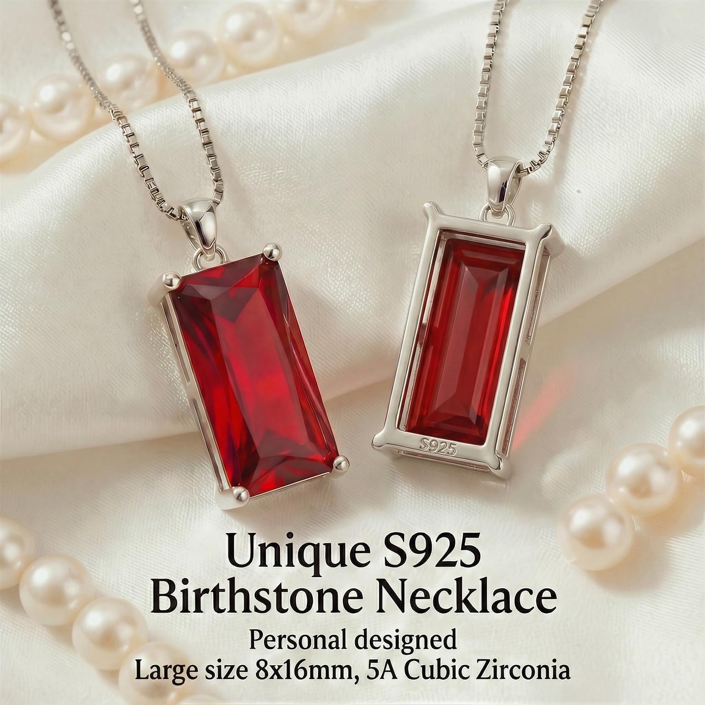 Kuschelkatze 8mm x 16mm Square July Birthstone Ruby Pendant Necklace – Fashion charming Sterling Silver Gift for women
