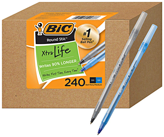 BIC PENS Bulk Pack of 240 Ink Pens, Round Stic Xtra Life Ballpoint, Medium point 1.0 mm, 120 Black & 120 Blue Combo Pack in Bulk