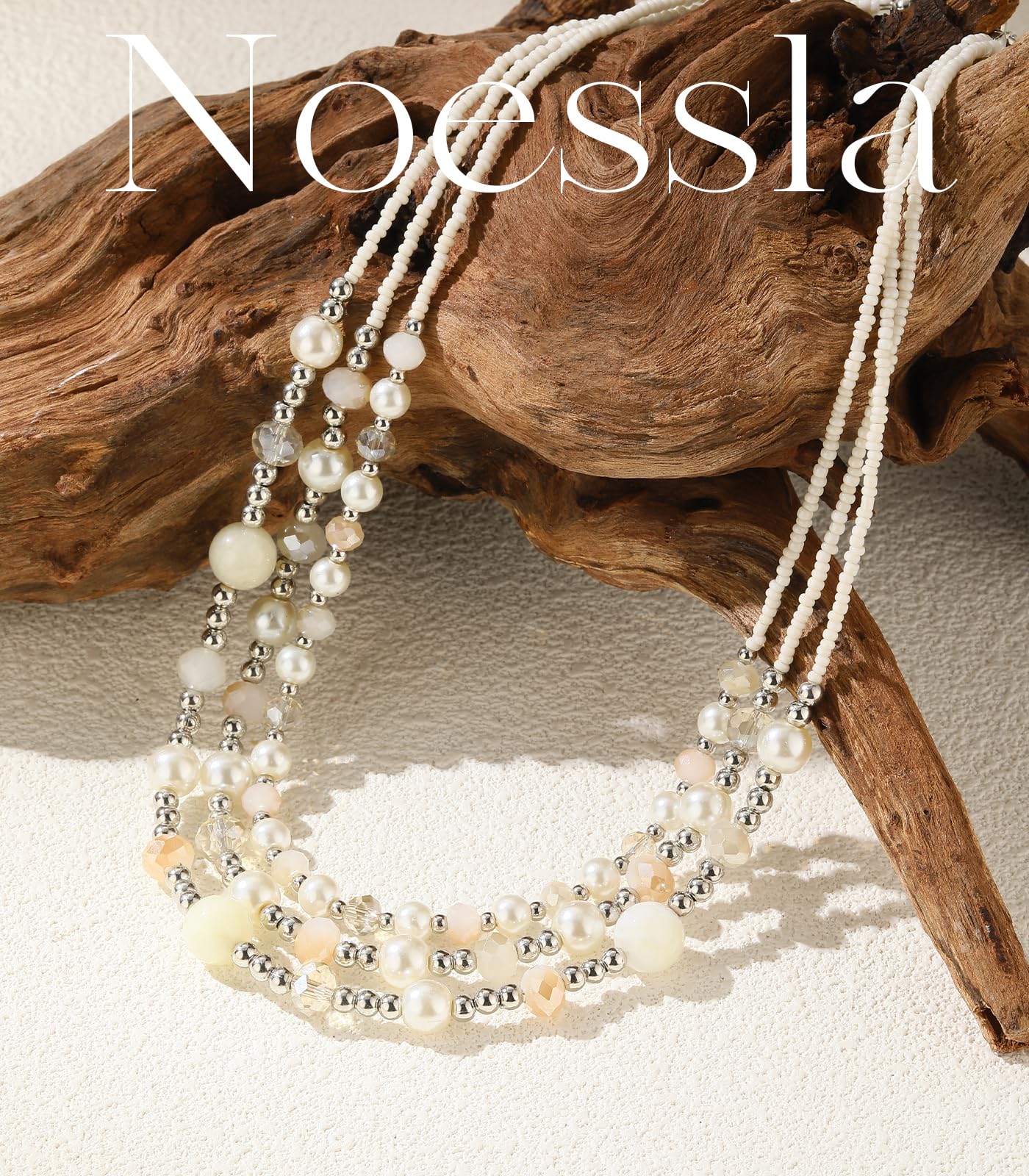 Noessla Beaded Statement Necklaces for Women Layered Chunky Bead Necklace Fashion Costume Jewelry Gifts for Mom(Beige)