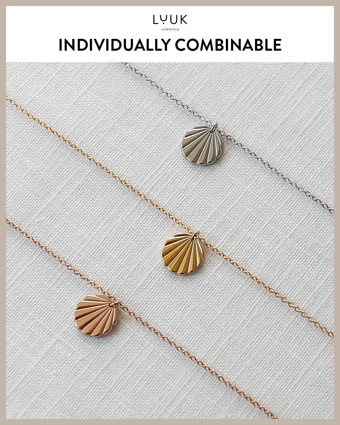 LUUK LIFESTYLE Stainless steel necklace for women with shell pendant and HAPPINESS gift card, lucky charm, jewellery, beauty symbol, 19” adjustable chain length, trendy fashion accessory, gold