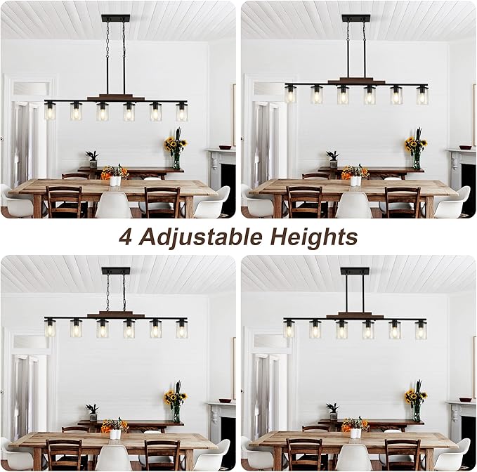Dining Room Light Fixture Over Table, Farmhouse 6-Light Kitchen Island Lighting, Linear Black Chandelier with Clear Glass Shades, Modern Rustic Wood Pendant Kitchen Lights, with Adjustable Height