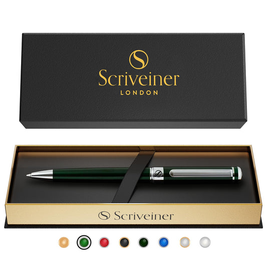 Scriveiner Green Ballpoint Pen - Stunning British Racing Green Luxury Pen, Chrome Finish, Schmidt Black Refill, Best Ball Pen Gift Set for Men & Women, Professional Executive Office, Nice Designer Pen