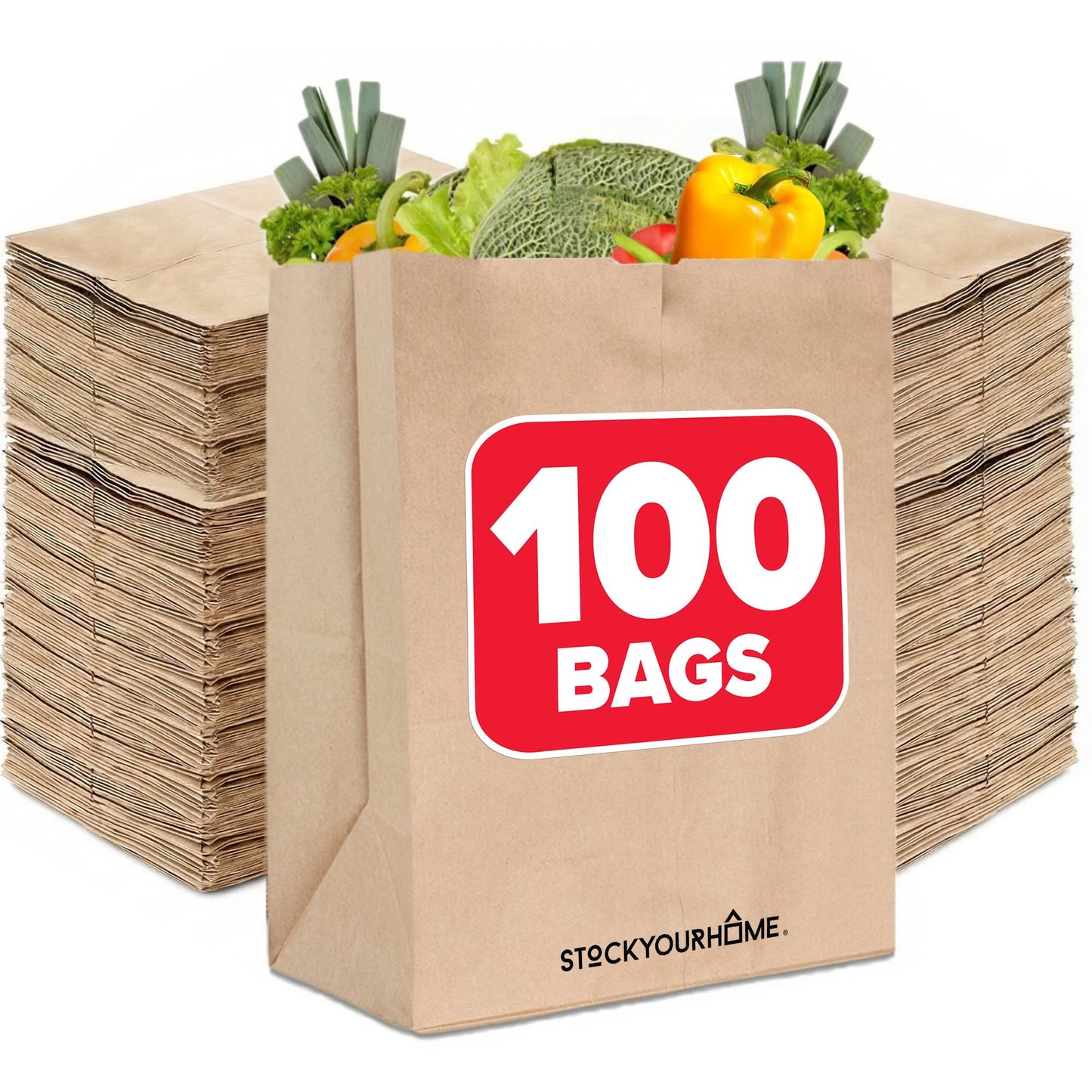 Stock Your Home 70 lb Kraft Brown Bags 100 Pack, 17x12x7 Grocery Bags, Heavy Duty Large Brown Bags for Shopping, Takeout, Storage, Trash or Recycling, Bulk Pack.
