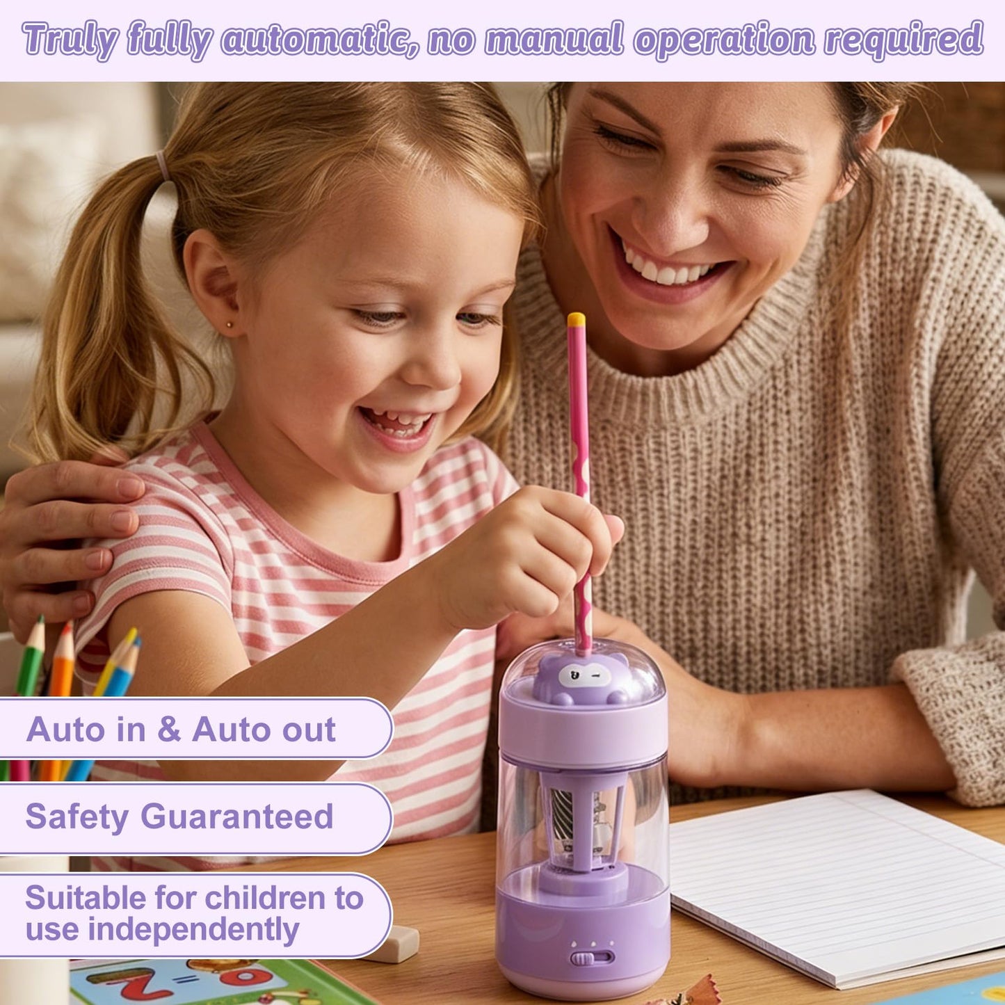 Rechargeable Automatic Electric Pencil Sharpener, Auto in & Out 3 Adjustable Thickness, Type-C Charging, Cute DIY Stickers, for 6-8mm Pencils, 3s Fast Sharpening, Ideal for School & Home (Purple)