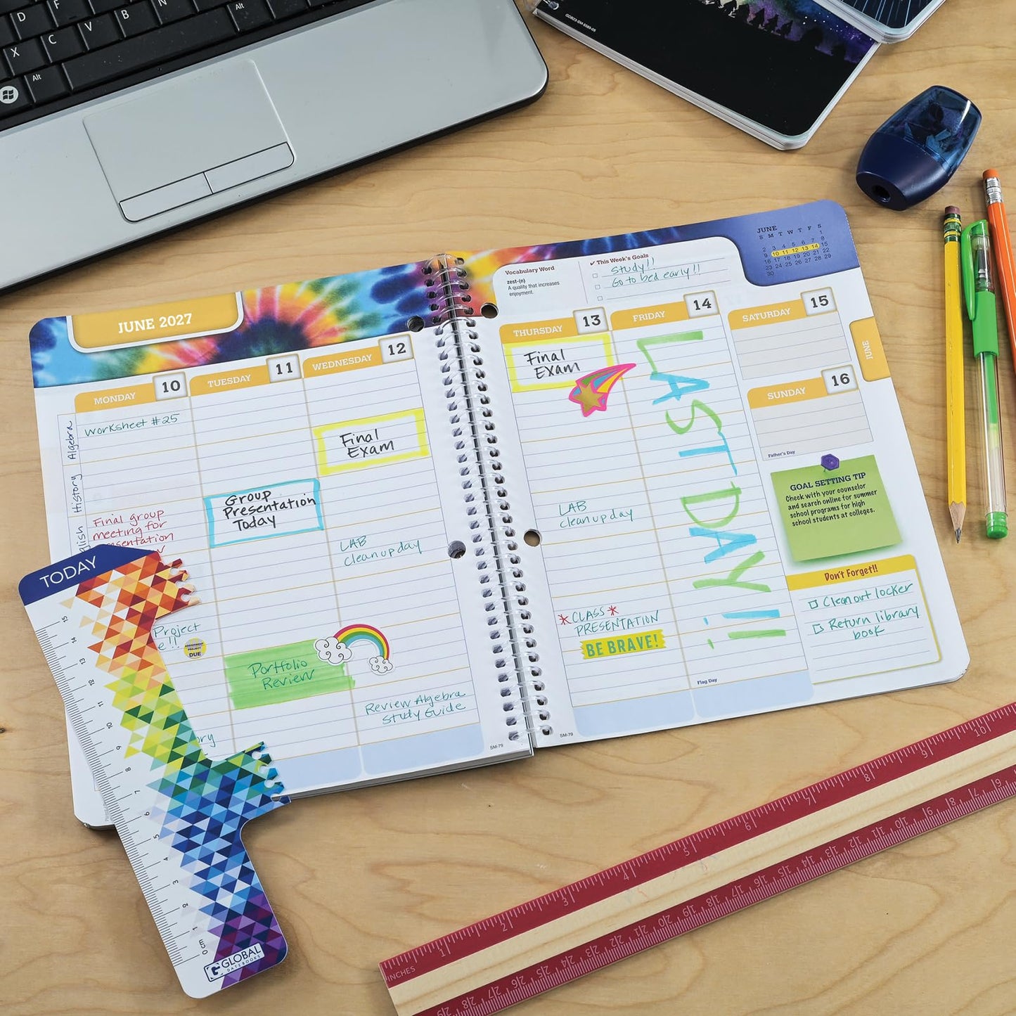 Global Datebooks 2026-2027 Middle & High School Student Planner 7" x 9" - Dated Weekly & Monthly Academic Planner w/Ruler/Bookmark & Stickers, Ideal for Homework, Matrix Style, Spectrum