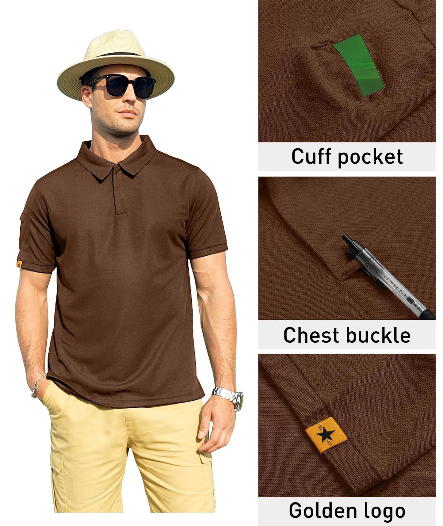 ZITY Mens Polo Shirt Short Sleeve Sports Tactical T-Shirt Athletic Golf Polos Daily Casual Stylish Collared Shirts for Men Brown XX-Large